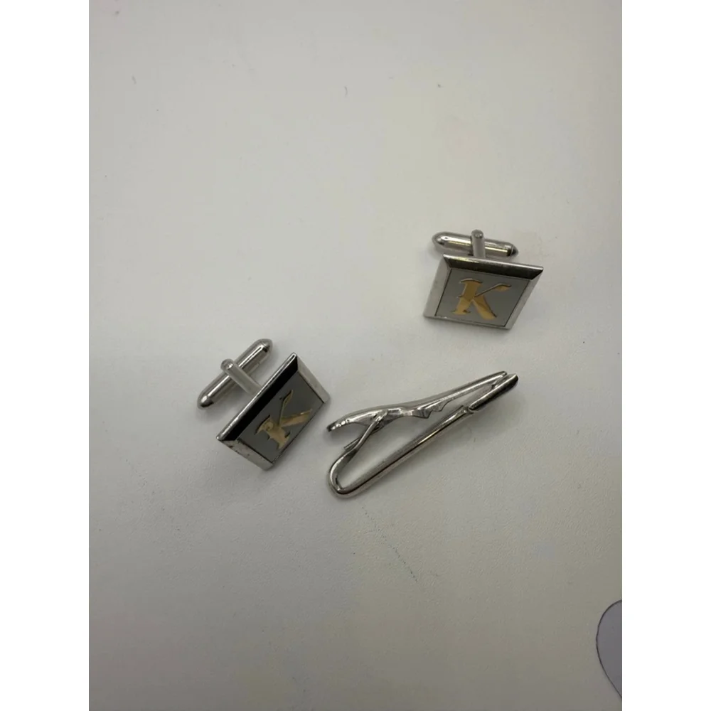 Men's Swank Silver Gold Tone K Initial Cuff Links & Tie Clip Set One Size